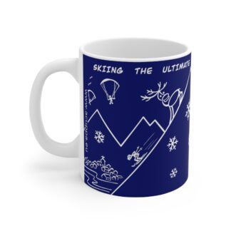 blue ceramic mug with happy skiers