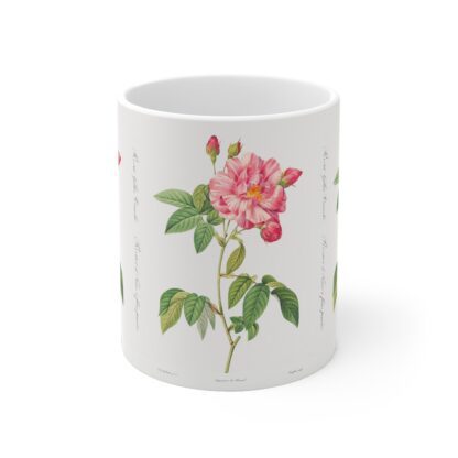 A lovely two colored Rosa Mundi rose on a white porcelain cup - front view